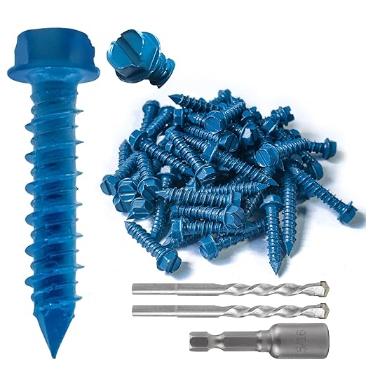 100Pcs 1/4" x1-1/4 Concrete Screws with Drill Bit, Hex Head Concrete Cement Screws Anchor Assortment Kit for Masonry, Block Brick or Stucco