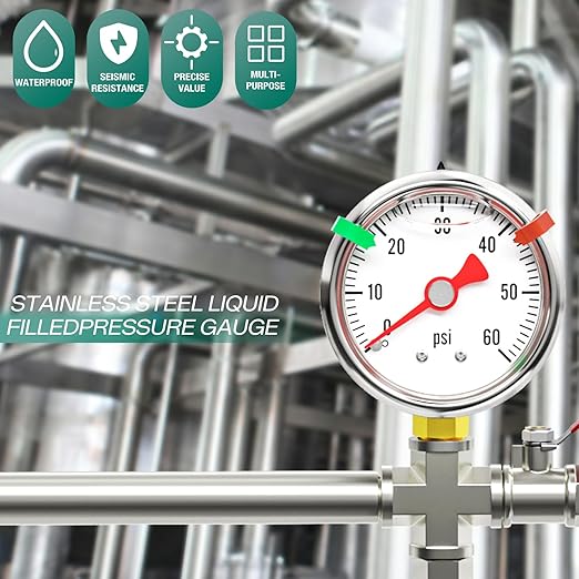 0-60psi Stainless Steel Glycerin Liquid Filled Pressure Gauge1/8 NPT 1.5" Dial, Lower Mount Designed for Pressure Testing of Water, Oil and Air (with Range Mark Pointer)