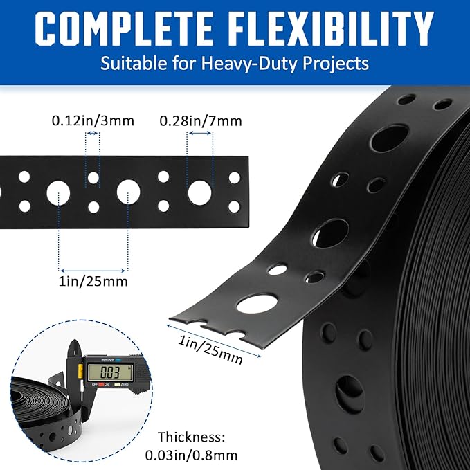 Black 1 Inch x 50FT Metal Strapping with Holes 0.03" Thick Galvanized Metal Pipe Hanger Strap for Plumbing, HVAC and Duct Support