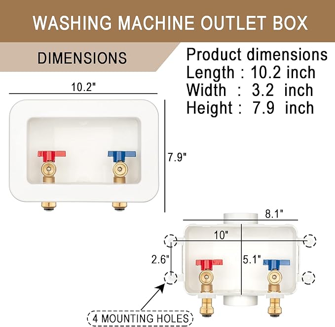 [1 Piece] Lingmfg Washing Machine Outlet Box 1/2 inch Push- to-Connect with 2 inch Central Drain, Connect 3/4 inch Washing Machine Hoses LING -WMOB-WO-WHA-5