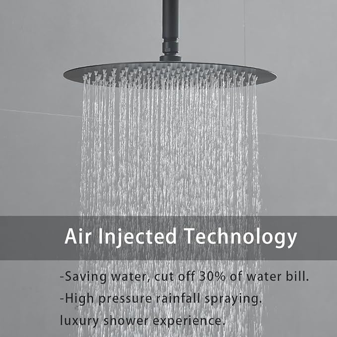 Matte Black Ceiling Mount Round Rain Shower System with 16 Inch Shower Head and Handheld Bathroom Shower Set Contain Shower Faucet Trim Kit (Mixer Valve Included)