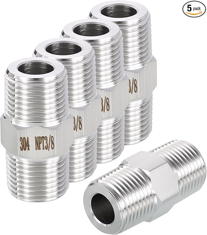 5 Pack 304 Stainless Steel Male to Male Adapter, 3/8" Male NPT x 3/8" Male NPT Hex Nipple Pipe Extension Fitting for Industrial, Automotive, Fluid Transfer, Home Gardening, Water