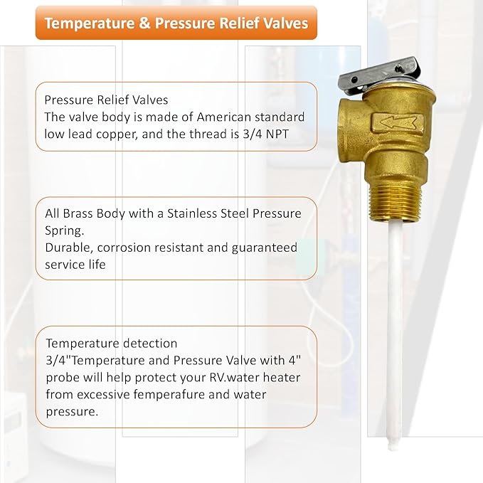 Long Term Temperature and Pressure Relief Valve Automatic with Extension Probe and Lever,3/4"NPT Pressure Relief Valve,All brass body.