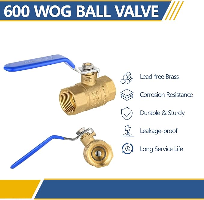 1/2" Heavy Duty Full Port Brass Ball Valve,600 WOG FNPT FIP Threaded Valve for Compressed Air, Water, Plumbing or Oil(Blue Handle,5Pack)(VALVE344-5Pack)