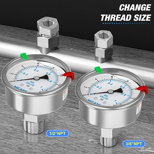 MEANLIN MEASURE 0~15Psi Stainless Steel Liquid Filled Pressure Gauge 2.5" FACE DIAL 1/4" NPT for Water Oil Air Well Pump Tank Tire Pressure Test Back Mount with Stainless Steel Hex Bushing and Snaps