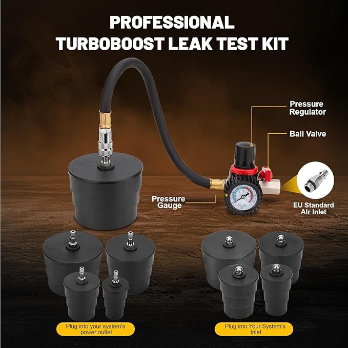 9-Piece Turbo Boost Pressure Leakage Tester Set Turbo System Leak Tester Kit with 4 Pairs of Step Adapters 1-3/8" (35mm) - 3-1/2" (90mm) and European Intake Port