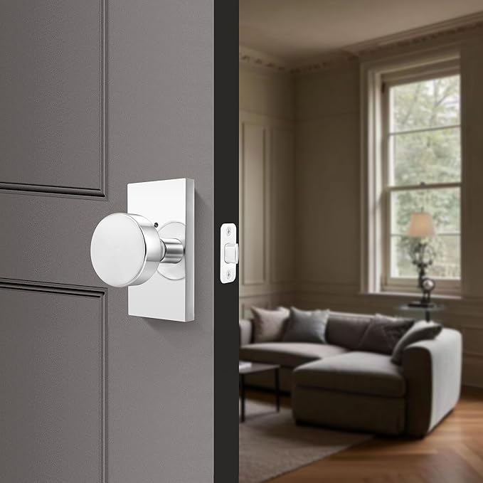 Polished Chrome Adjustable Door Latch 60 or 70mm, 45° Turning Angle, Door Lock Replacement Parts with Door Strike Plate, Wood Dowel, Dust-Boxes