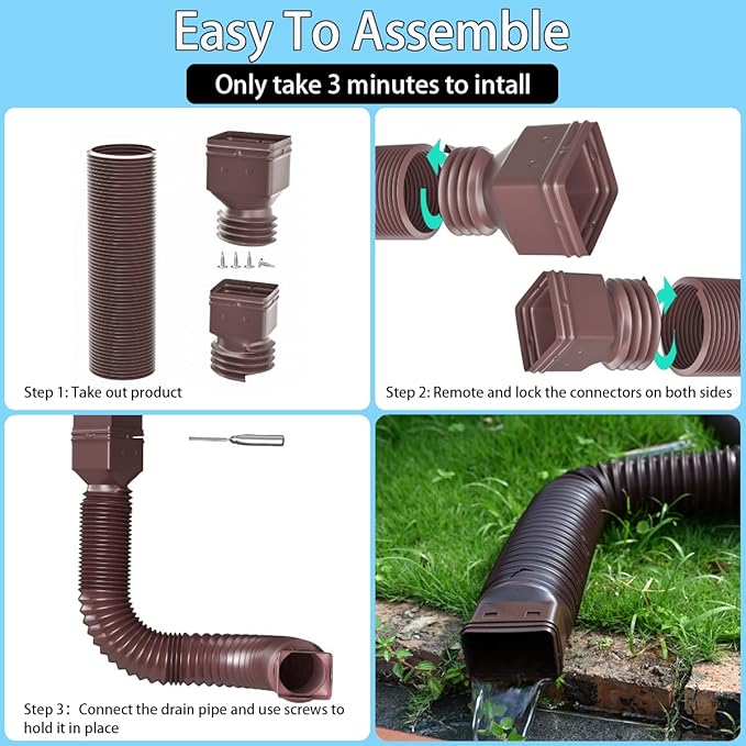 2 Pack Rain Gutter Downspout Extensions,Drain Downspout Extender Diverter, Flexible Downspout Extensions Can Extendable from 21 to 60 Inches (Brown)