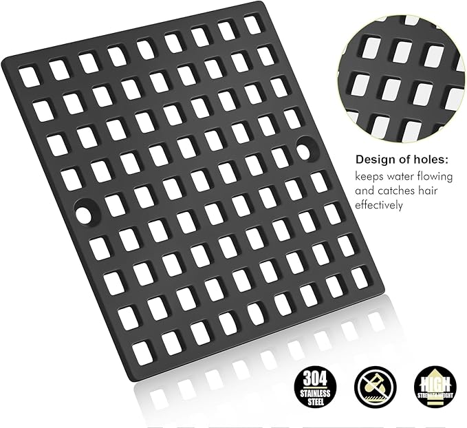 3-7/8" Matte Black Shower Drain Cover - Square Floor Drain Cover Replacement - Hair Catcher/Drain Strainer for Bathrooms, Showers, and Sinks - SUS304 Stainless Steel & CUPC Certified