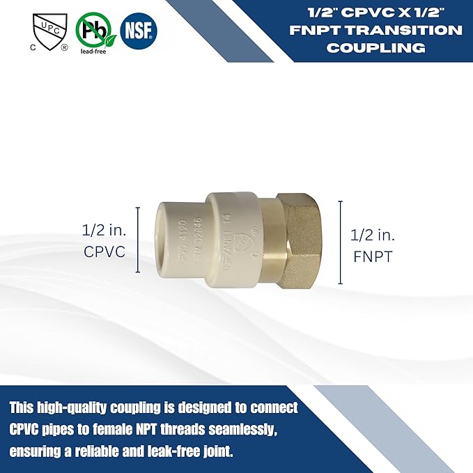 XFITTING CPVC Transition Coupling, 1/2 inch CPVC x 1/2 inch FNPT, Pack of 5