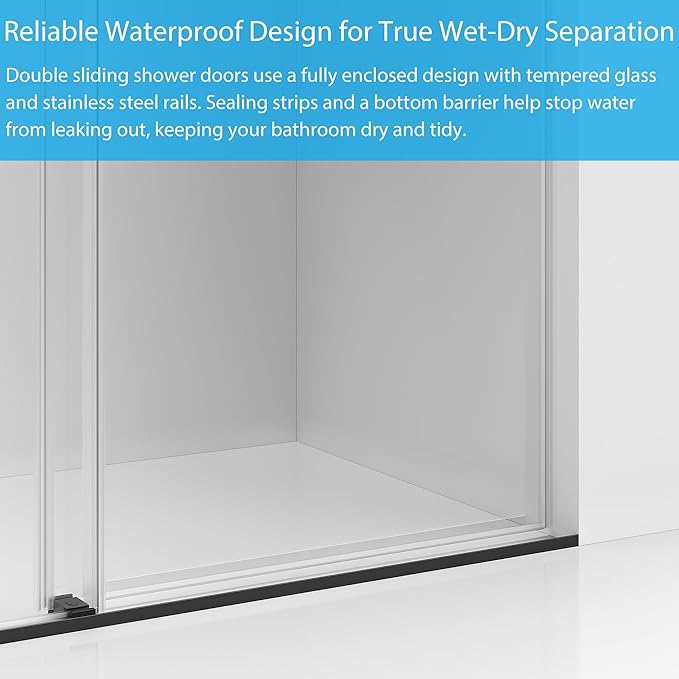 Frameless Double Sliding Shower Door - 56 to 60 Inch Adjustable Width x 74 Inch Height, 1/4" (6mm) Clear Tempered Glass with Easy-Clean, Space-Saving Bypass Design, Matte Black Finish for Bathroom