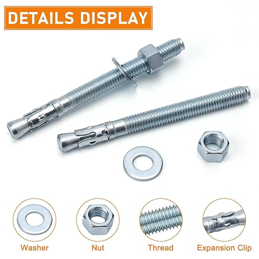 3/8 x 5 Inch 12 Pack Inch Standard Fasteners for Heavy Duty Zinc Wedge Anchors for Cement, Concrete, Brick & Masonry