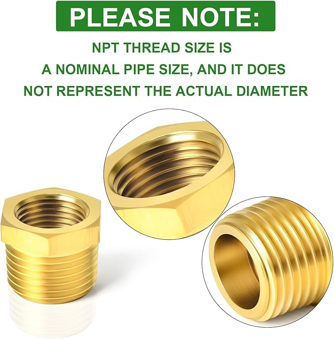 TAISHER 5PCS Brass Reducer Hex Bushing Threaded Pipe Fitting 1/2" NPT Male x 1/8" NPT Female Adapter