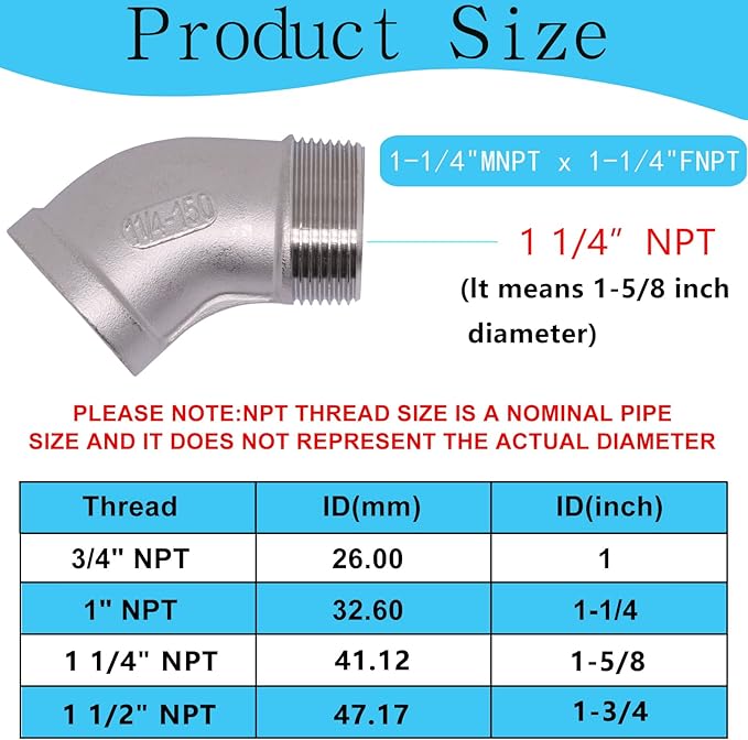 1PCS 304 Stainless Steel 45 Degree Elbow, 1-1/4" NPT Male Pipe to 1-1/4" NPT Female Coupler, Heavy Duty Forged Street Elbow Adapter Pipe Fittings, Class 150