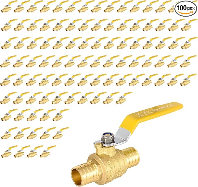 100 Pack Ball Valves, 1" Pex Crimp Shut Off Valve Yellow, Brass Full Port Pex B Shut Off Ball Valve for Hot and Cold Water, NSF/ANSI 61 Certified