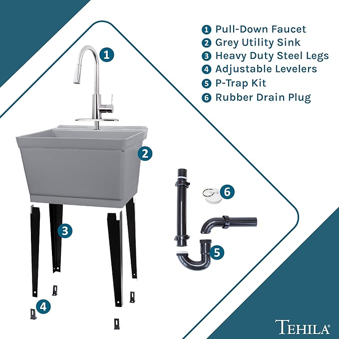 Laundry Sink Utility Tub With High Arc Stainless Steel Pull Down Faucet By JS Jackson Supplies, Heavy Duty Sinks With Installation Kit for Washing Room, Workshop, Basement, Garage, Slop Sink, Grey Tub