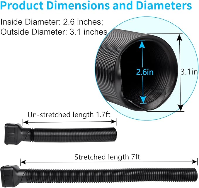 7ft Long Gutter Downspout Extensions, 3.1" OD Downspout Extender Drainage Pipe for 2"×3" Downspout and 3"×4" Downspout, Flexible Pipe Stretched Length 7ft, Black,1-Pack