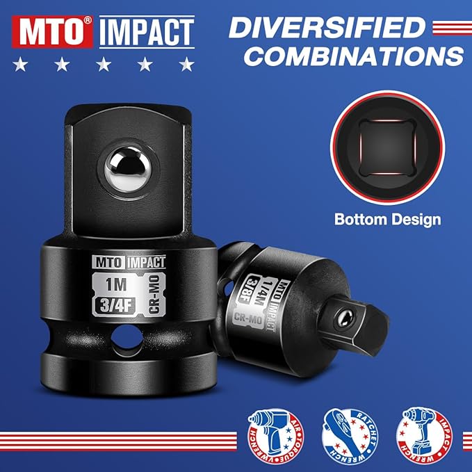 MTO 8-Piece Impact Socket Adapter & Reducer Set, 1/4", 3/8", 1/2", 3/4" Drive, Impact Driver & Wrench Conversion Kit, Chrome Molybdenum Steel