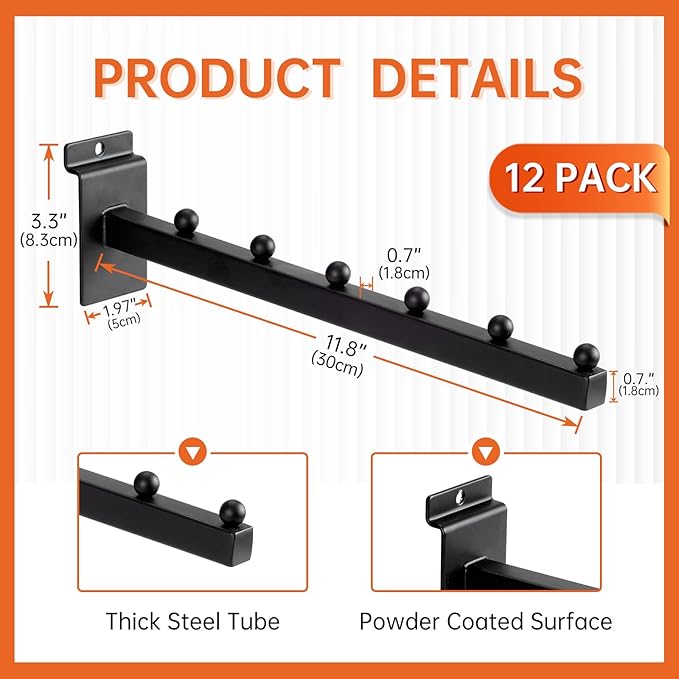 12 Inch Waterfall Slatwall Display Hooks with 6 Balls, Heavy Duty Tube Slat Wall Hanger, Slatwall Accessories for Retail Display, Clothing, Bags, Accessories(12 Pack)
