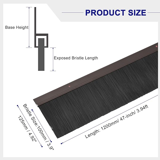 uxcell 2Pcs Door Brush Bottom Sweep H-Shape Aluminum Alloy Base with 3.9-inch PP Brush for Home, Industrial (47-inch L, Brown)