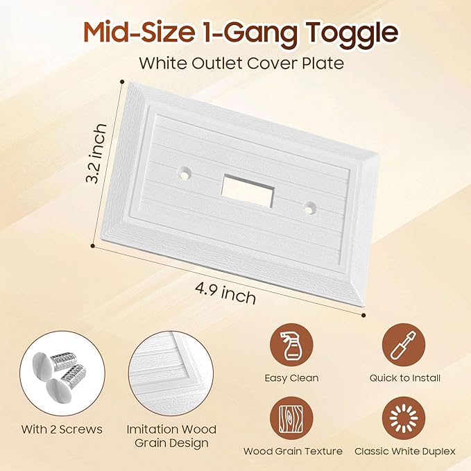 Classic Retro Wood Grain Design Style, Modern Decorative Light Switch Cover Plate, Pure White Rocker Outlet Covers Wall Plates Mid-Size (1-Gang Single Toggle 12 Pack)