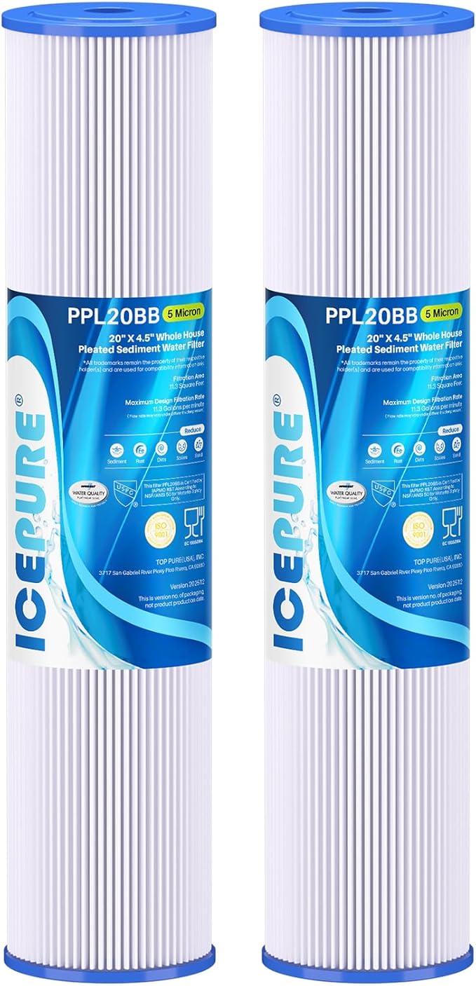 ICEPURE 20" x 4.5" Whole House Pleated Sediment Filter for Well Water,Remove Rust,Chlorine, Replacement Cartridge for ECP5-BB, AP810-2, HDC3001, SPC-45-1005, CP5-BB, ECP1-20BB, S1-20BB,R30-20BB,2Pack