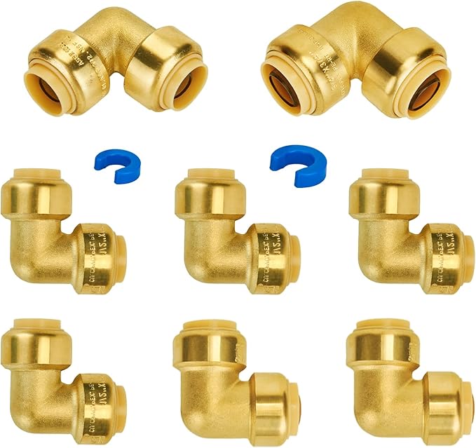 SUNGATOR Push Fitting Set, 1/2 Inch Plumbing Fitting Elbow (5 PCS), 3/4 Inch Plumbing Fitting Elbow (3 PCS), No Lead Brass Push to Connect Pex, Copper, CPVC, with 2 Disconnect Clips, Pack of 8