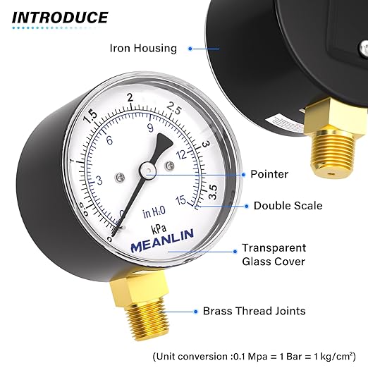MEANLIN MEASURE 0-15 in H2O Diaphragm Type Capsule Low-Pressure Gauge, Water Column Gauge, 2.6" Dial, 1/4" NPT, Rear Adjustable Knob, with 1/2" NPT and 3/8" NPT Hex Bushing, Lower Mount