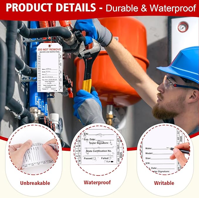 100 PCS Waterproof Backflow Inspection Tags 2.6 x 5.2 Inch Heavy Duty 18 Mil Writable Plastic Tags with Iron Wire & Pen Double-Sided Printing Pre-Punched Holes Maintenance Record for Backflow (White)