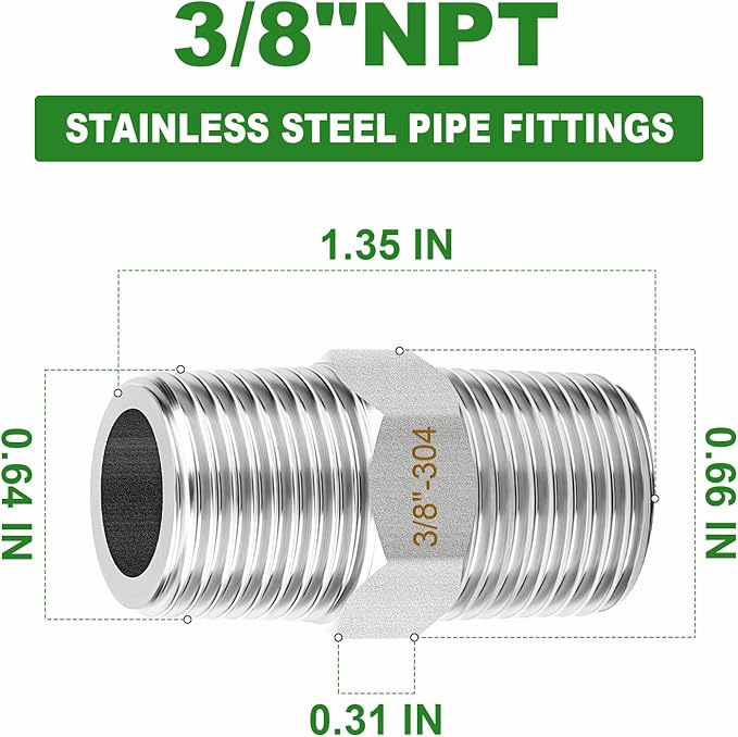 TAISHER 2PCS 304 Stainless Steel New Hex Nipple, 3/8" NPT Male x 3/8" NPT Male, Pipe Adapter Fitting