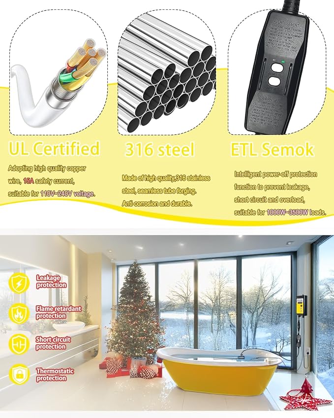 2000W Bathtub Heater | Pool Heater for Above Ground Pools, Portable Extra Baptistry Heaters for Baptismal Water Warmer, Inflatable Hot Tubs Warmer -120V Immersion Water Heaters for Bathtub