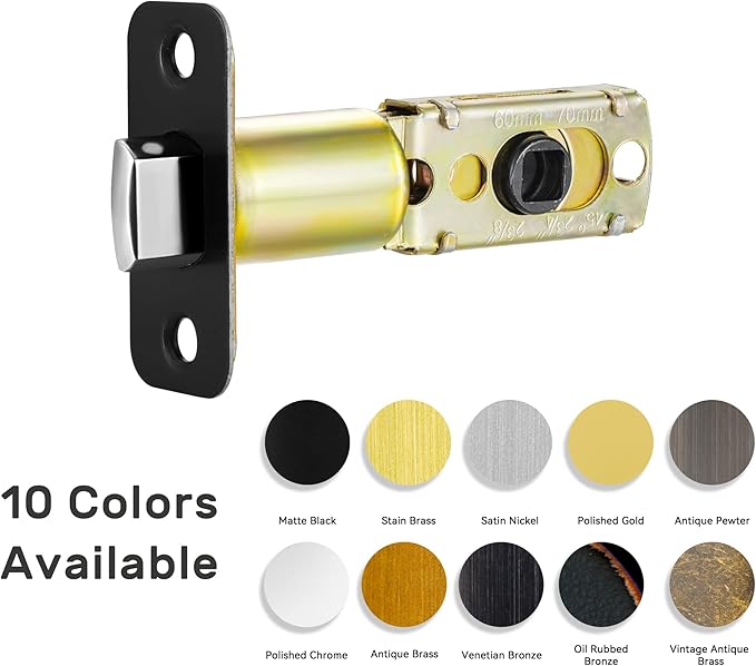 Matte Black Adjustable Door Latch 60 or 70mm, 45° Turning Angle, Door Lock Replacement Parts with Door Strike Plate, Wood Dowel, Dust-Boxes