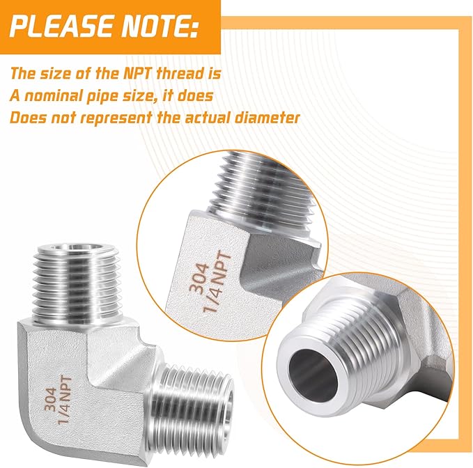 Stainless Steel Pipe Fitting 90 Degree Barstock Street Elbow 1/4" NPT Male x 1/4" NPT Male 2 Pack