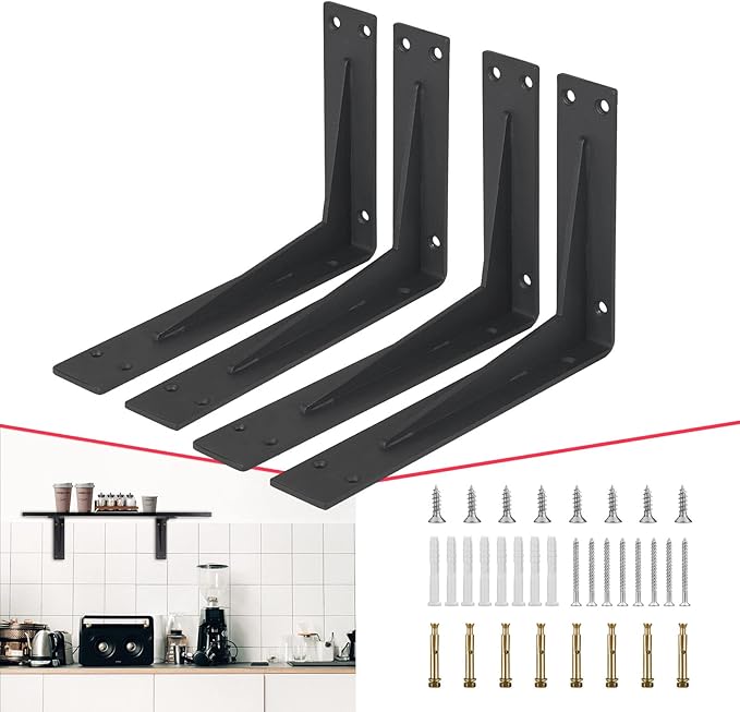 CLT Black Shelf Bracket, 8” Quarter Inch (1/5") Thick- Max Load: 220 lb Industrial Modern Farmhouse Heavy Duty Corner Brace Joint Right Angle Bracket for Table Bench, Space Saving DIY, Pack of 4