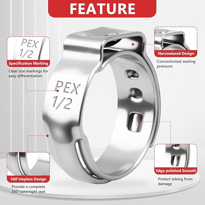 Newdeli 150Pcs Pex Crimp Rings 3/8" 1/2" 3/4" 5/8" 1" PEX Clamps Single Ear Hose Clamps Pex Fittings Cinch Pinch Clamp for Pipe Tubing Connections