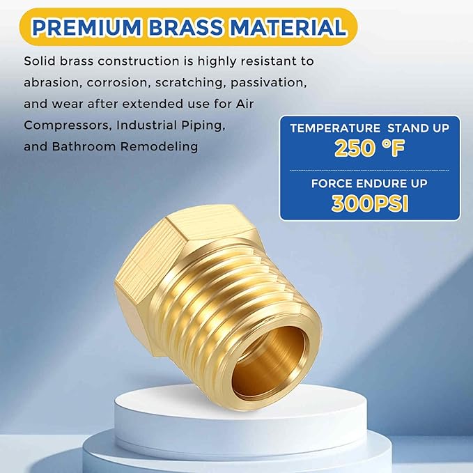 5 Pack Brass Pipe Fittings, 1/4" Male NPT to 1/8" FeMale NPT Brass Hex Bushing Reducer, Hose Tube Threaded Adapter for Air, Oil, LP