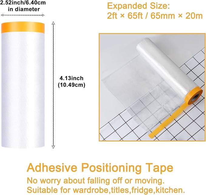 Muf 2 x 65 Feet Plastic Drop Cloth Plastic Sheeting with Masking Tape,Waterproof Protective Masking Film,Prevent Dust Paint for Car,Furniture,Carpet,Floor,2 Pack