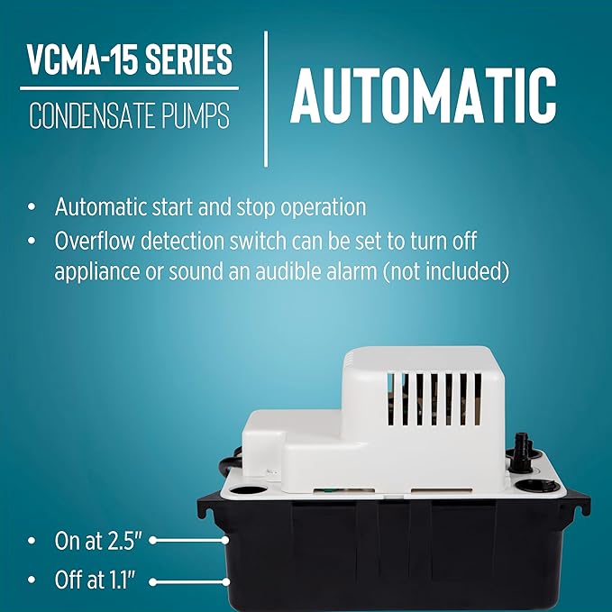 Little Giant VCMA-15ULST 115 Volt, 65 GPH, 1/50 HP Automatic Condensate Removal Pump for HVAC/Refrigeration Systems/Dehumidifiers with Overflow Detection Switch and 20-Foot Tubing, Black/White, 554415