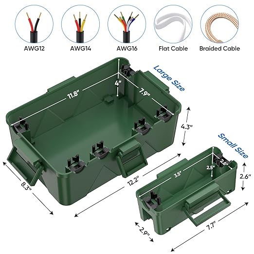 TICONN Outdoor Electrical Box, IP54 Splash-Proof Outdoor Extension Cord Cover, Protects Power Strip, Plug, Socket, Timer, Holiday Lights (Green, Small)