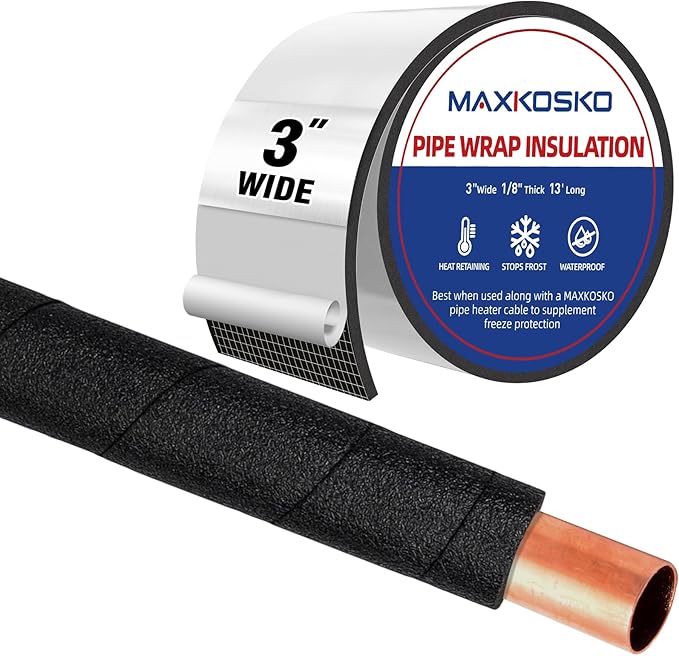 MAXKOSKO Pipe Insulation Tape, 13 Ft x 3 in Outdoor Water Pipe Wrap Insulation Roll, Foam Insulated Wrap Self-Adhesive for Pipe Freeze Protection, Heat Tape for Water Pipes, Copper PVC AC Line
