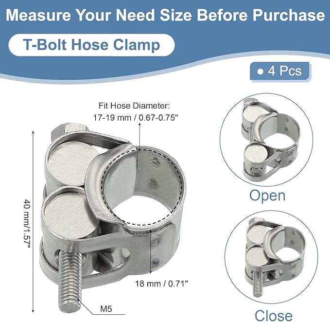 PATIKIL 17-19mm T-Bolt Hose Clamp, 4 Pack Intercooler Pipe Tube Clamps 304 Stainless Steel Radiator Hose Clamp for 0.67"-0.75" Pipe