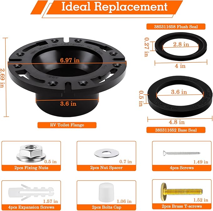 RV Toilet Seal with 3 Inch Socket Floor Flange Kit for 300/310/320 RV Toilets, Replaces 385345892 RV Floor Flange, 385311658 Flush Seal and 385311652 Base Seal, 3 in 1 Combo Kit