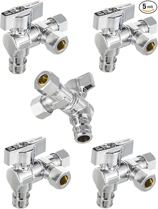 (Pack of 5) EFIELD Dual Outlet Angle Stop Valve, Quarter Turn, 1/2" Expansion F1960 Pex-A Inlet x (3/8 inch x 3/8 inch) Compression Outlets, Chrome Plated Brass,(VALVE203-5PCS)