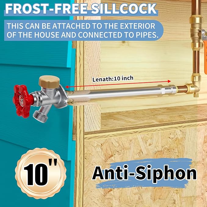 Boltigen 10inch Anti-Siphon Frost Free Sillcock, No Lead Brass Frost Proof Outdoor Water Faucet, 1/2" Push-to-Fit Connector X 3/4'' GHT Hose Bib Frost Free Outdoor