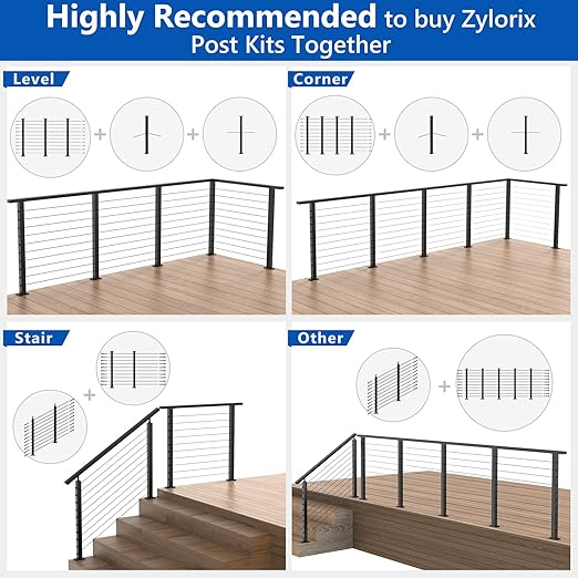 36" T304 Cable Railing Stair Post(Post 35"x2"x2"), 33° Drilled Railing Post with Cable Grommets Fit for 25-35° Stairway, Adjustable Top Mount Stainless Steel Black Finish Staircase Deck Post