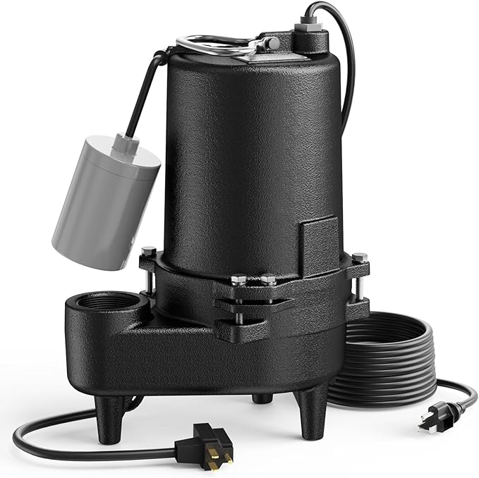Aquastrong Cast Iron Sewage Pump 1/2HP Effluent Pump 115V 6030 GPH Sump Pump with Auto Float Switch, Ideal for Basement Sump Pits, Industrial Wastewater - Commercial-Grade Sewage System