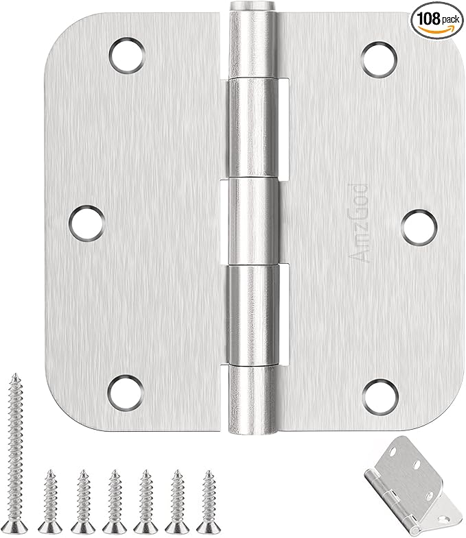 Door Hinges Brushed Nickel - 108 Pack Nickel Door Hinges 3.5 Inch Rounded Interior Satin Nickel Door Hinge with 5/8" Radius - Flat Iron Residential Standard 3 1/2 Inches Silver Door Hardware