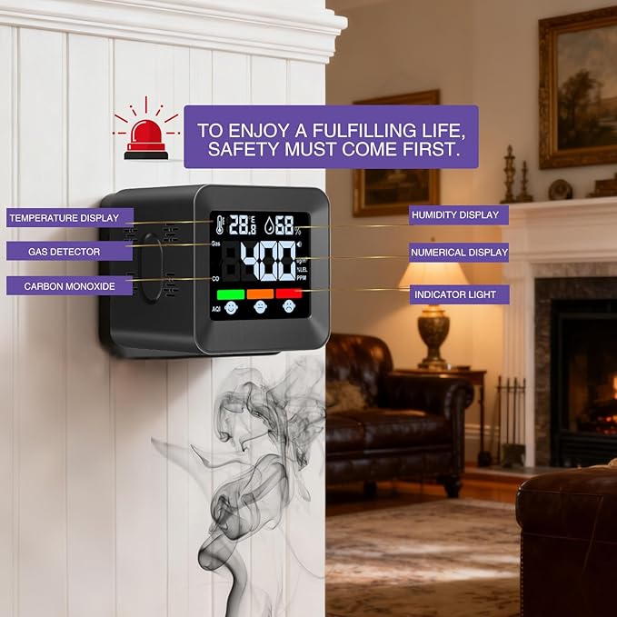 Plug-in 4-in-1 Gas & CO Detector with Temp/Humidity - Natural Gas, Propane & Methane Detector for Home, RV & Apartments (1, Black-Bleep Edition)