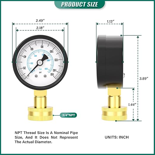 0-150PSI Water Pressure Gauge, 2.5" Dial Size, 3/4" Brass Female Lower Mount, with Sealing Ring, for Tube, Water Pump, Gas, Liquid, Home Water Pressure Tester