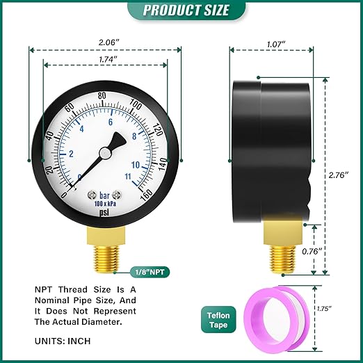 0-160PSI Well Pump Pressure Gauge 2" Dial Size, 1/8" NPT Lower Mount, 3-2-3% Accuracy, for Tube, Water Pump, Gas, Liquid, Pressure Test